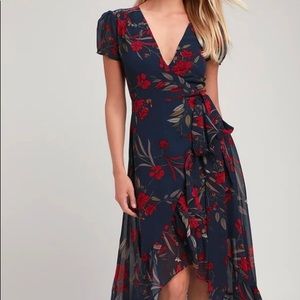 Lulus Navy Floral Wrap Dress